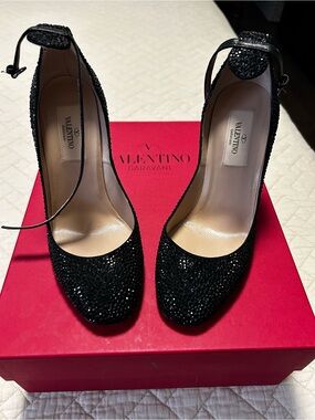 Valentino Garavani Black Crystal Ankle-Strap Pumps with Sparkle